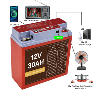 12V 30Ah Home Outdoor Lighting Power Station Bateria recarregável de fosfato de ferro de lítio Bateria Lifepo4 com reprodutor de vídeo USB Porta de saída DC